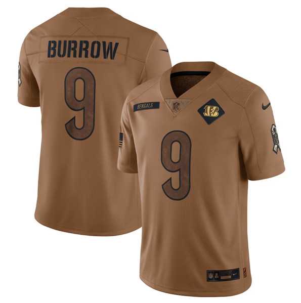 Men%27s Cincinnati Bengals #9 Joe Burrow 2023 Brown Salute To Service Limited Football Stitched Jersey Dyin